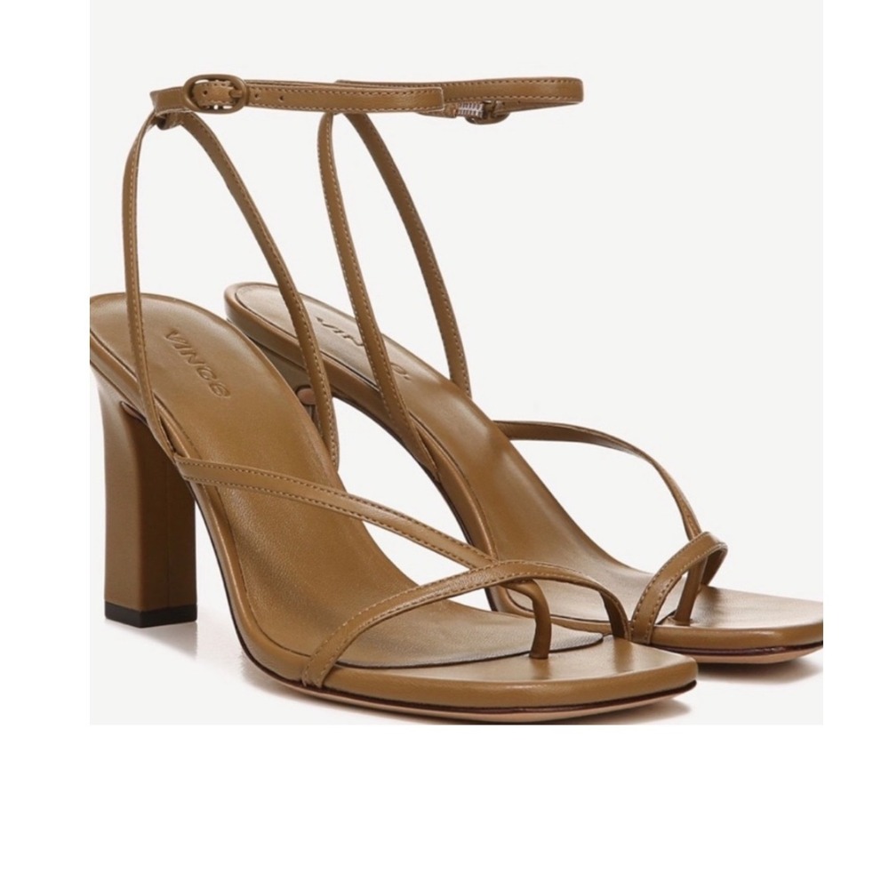 Vince Qiana Ankle Strap Sandal Dark Walnut Leather Square Toe Block Heel Brown - Picture 4 of 16